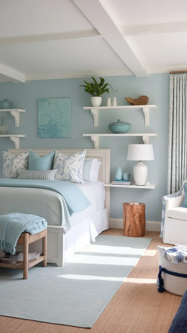 Wake up to the calming embrace of this coastal master bedroom.  The beach theme, complete with cottage coastal style and a touch of coastal grandma decor, creates a serene retreat.  Perfect for spring summer bedroom decor, this Ikea coastal bedroom offers hampton coastal style bedroom ideas, even suitable as lake house guest room ideas.