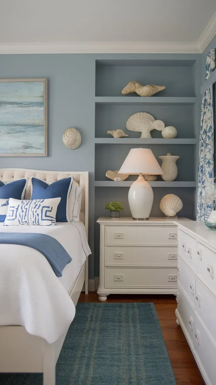 Escape to this beach theme bedroom, a haven of coastal interior design.  This cottage coastal bedroom, styled with Hampton coastal style bedroom ideas and Ikea pieces, embodies coastal grandma decor. Ideal for spring summer bedroom decor, it's the perfect lake house guest room or coastal master bedroom retreat.