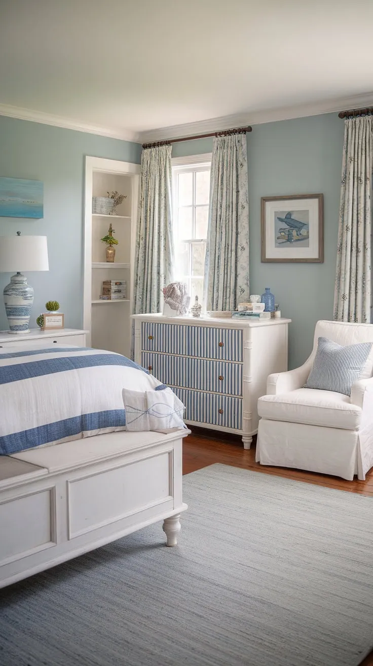 Imagine waking up in this dreamy beach theme bedroom. This coastal interior design bedroom boasts a charming cottage coastal style, perfect for a lake house guest room.  The IKEA-inspired furniture and coastal grandma decor create a relaxed Hampton coastal style bedroom, ideal for spring summer bedroom decor.