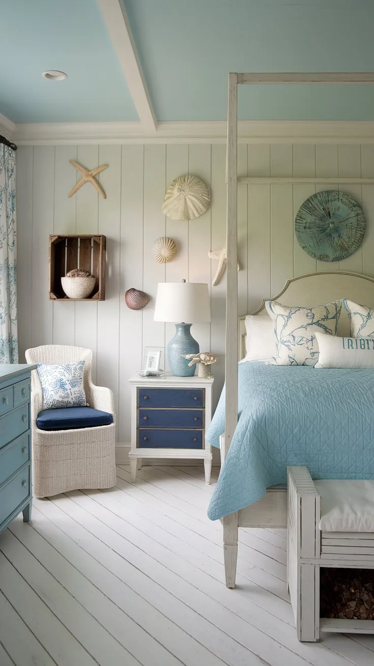 Escape to this dreamy beach theme bedroom, a perfect blend of coastal grandma decor and Hampton coastal style bedroom ideas.  This coastal interior design bedroom, featuring Ikea pieces, offers a tranquil retreat ideal for spring summer bedroom decor.  Consider it inspiration for your own lake house guest room or coastal master bedroom.