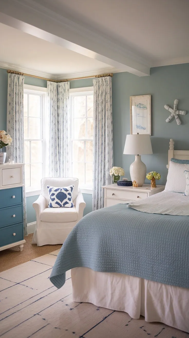 Wake up to the calming sounds of the ocean in this coastal master bedroom.  The cottage coastal bedroom design, featuring Hampton coastal style ideas and Ikea finds, creates a serene space perfect for spring and summer.  Think coastal grandma decor meets lake house guest room charm – the ultimate coastal interior design bedroom escape.