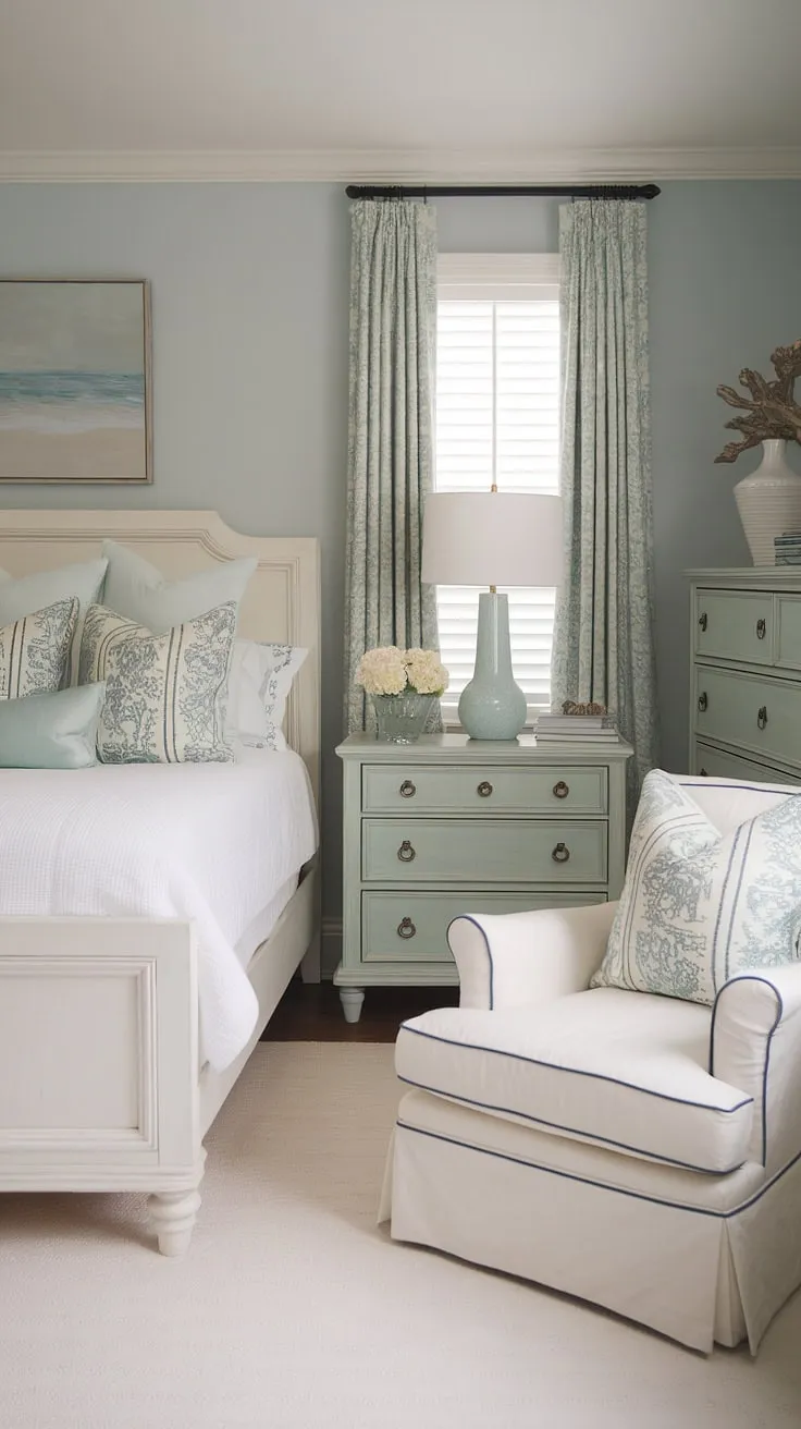 Wake up to the calming rhythm of the waves in this coastal master bedroom.  The cottage coastal bedroom design, featuring Hampton coastal style ideas and a touch of coastal grandma decor, creates a serene escape.  This Ikea coastal bedroom setup is perfect for spring and summer, and would also make a delightful lake house guest room.  The beach theme bedroom showcases the best of coastal interior design.