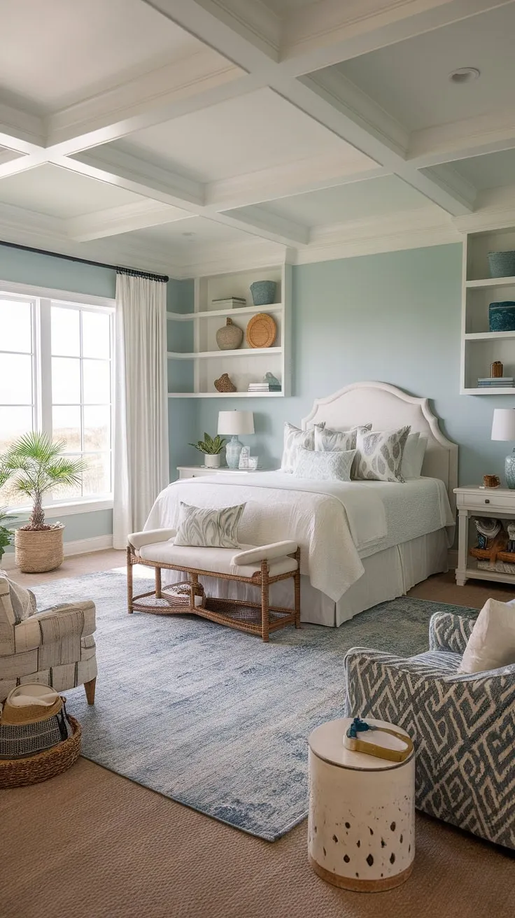 Escape to tranquility in this beach theme bedroom.  This coastal interior design bedroom effortlessly blends Hampton coastal style bedroom ideas with the charm of a cottage coastal bedroom.  Ikea pieces add practicality to the coastal grandma decor, making it the ideal spring summer bedroom decor for a lake house guest room or your own coastal haven.
