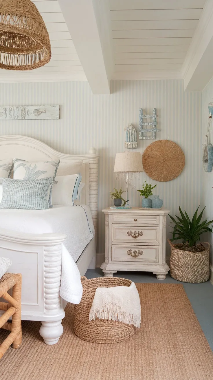 Wake up to the calming sounds of the ocean in this coastal master bedroom.  The cottage coastal bedroom design, featuring Hampton coastal style ideas and Ikea finds, creates a serene space perfect for spring and summer.  Think coastal grandma decor meets lake house guest room charm – the ultimate coastal interior design bedroom escape.