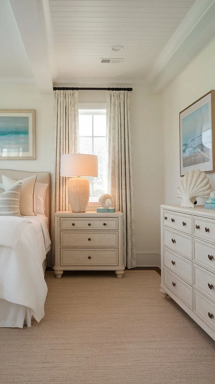Wake up to the calming sounds of the ocean in this coastal master bedroom.  The cottage coastal bedroom design, featuring Hampton coastal style ideas and Ikea finds, creates a serene space perfect for spring and summer.  Think coastal grandma decor meets lake house guest room inspiration – pure coastal interior design bliss.
