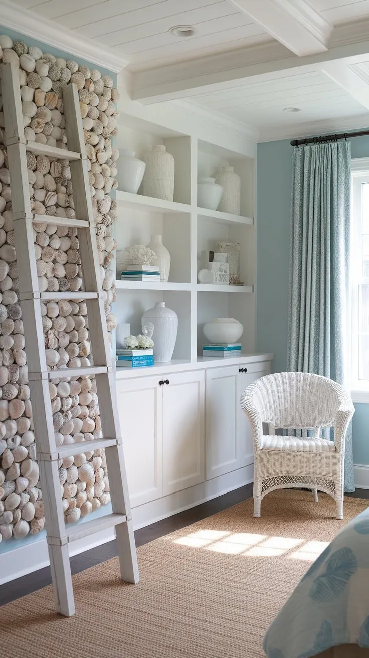 Escape to this serene coastal master bedroom, where a beach theme meets Hampton coastal style.  The soft blue walls, white wicker chair, and seashell-adorned ladder create a tranquil atmosphere perfect for a cottage or lake house guest room.  This coastal interior design bedroom, incorporating Ikea-inspired touches and coastal grandma decor, is ideal for spring summer bedroom decor.