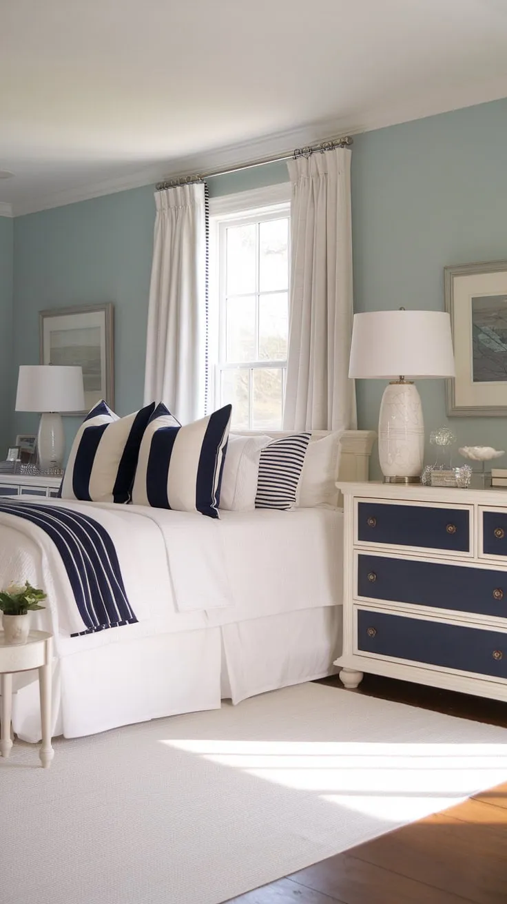 Escape to this dreamy coastal interior design bedroom.  This Hampton coastal style bedroom, effortlessly blending cottage coastal bedroom charm with Ikea pieces, is the epitome of coastal grandma decor. Ideal for spring summer bedroom decor, it's also perfect lake house guest room ideas.  A true coastal master bedroom retreat.