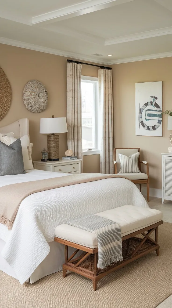 Dreamy coastal grandma decor fills this beach theme bedroom, creating the ultimate coastal master bedroom retreat.  The light and airy space showcases Hampton coastal style bedroom ideas, effortlessly blending comfort and coastal charm.  This cottage coastal bedroom, easily achievable with Ikea pieces, is perfect for spring summer bedroom decor and offers inspiration for lake house guest room ideas.