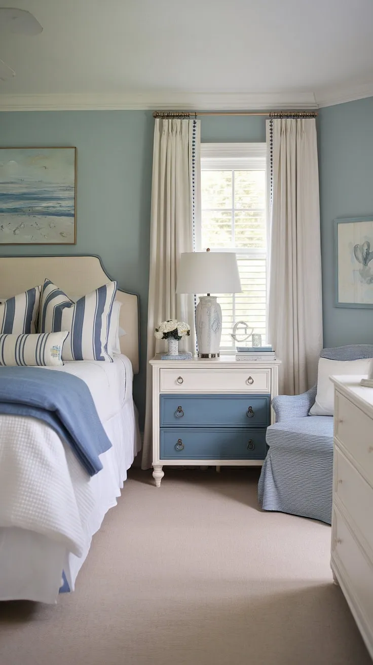 Escape to tranquility in this beach theme bedroom.  This coastal interior design bedroom effortlessly blends cottage coastal style with Hampton coastal style bedroom ideas, all while incorporating budget-friendly Ikea pieces.  Ideal for a lake house guest room or your own coastal master bedroom, this spring summer bedroom decor will transport you to a seaside paradise.