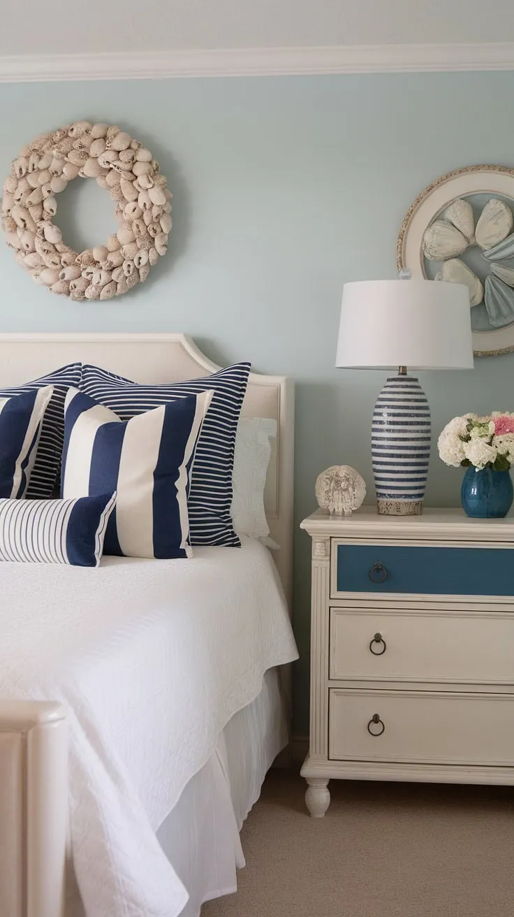 Wake up to the calming sounds of the ocean in this coastal master bedroom.  The cottage coastal bedroom design, featuring Hampton coastal style ideas and Ikea finds, creates a serene space perfect for spring and summer.  Think coastal grandma decor meets lake house guest room ideas – pure coastal interior design bliss.