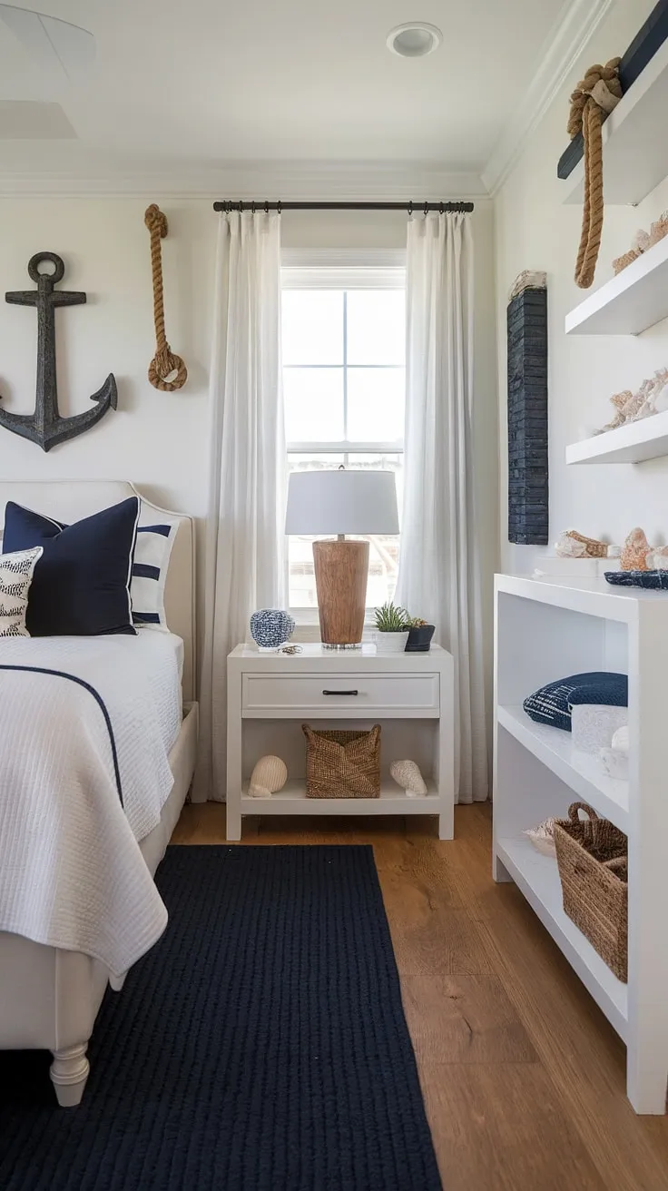 Wake up to the calming rhythm of the waves in this coastal master bedroom.  The cottage coastal bedroom design, featuring Hampton coastal style ideas and a touch of coastal grandma decor, creates a serene escape.  This Ikea coastal bedroom setup is perfect for spring summer bedroom decor, and would also make a lovely lake house guest room.  The beach theme bedroom offers a taste of coastal interior design at its finest.