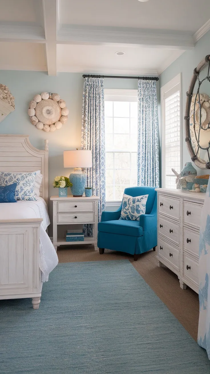 Wake up to the sound of waves in this dreamy coastal master bedroom.  The perfect blend of cottage coastal charm and Hampton style, this space effortlessly incorporates Ikea finds with coastal grandma decor for a relaxed and inviting atmosphere.  Ideal for spring and summer, it's equally suited as a beach theme bedroom or a lake house guest room, showcasing the best in coastal interior design bedroom ideas.
