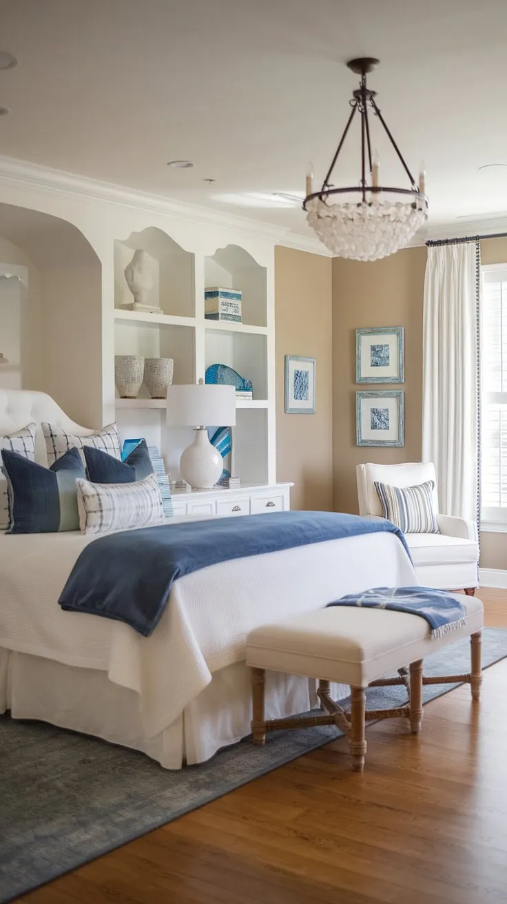 Wake up to the calming sounds of the ocean in this coastal master bedroom.  The cottage coastal bedroom design, featuring Hampton coastal style ideas and Ikea finds, creates a serene space perfect for spring and summer.  Coastal grandma decor accents add a touch of timeless elegance, making it ideal as a lake house guest room too.