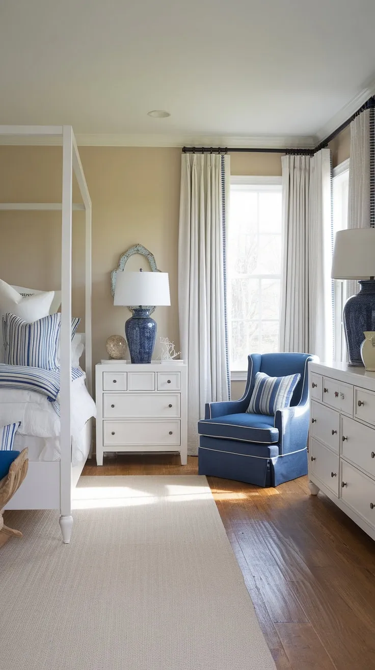 This beach theme bedroom embodies the perfect coastal interior design.  Imagine waking up in this calming coastal master bedroom, featuring a blend of Hampton coastal style bedroom ideas and cottage coastal bedroom aesthetics.  The light and airy space, accented with blue and white, offers a relaxed coastal grandma decor vibe, making it ideal for spring summer bedroom decor or even as a lake house guest room.  The Ikea coastal bedroom feel is achieved with simple, elegant pieces.