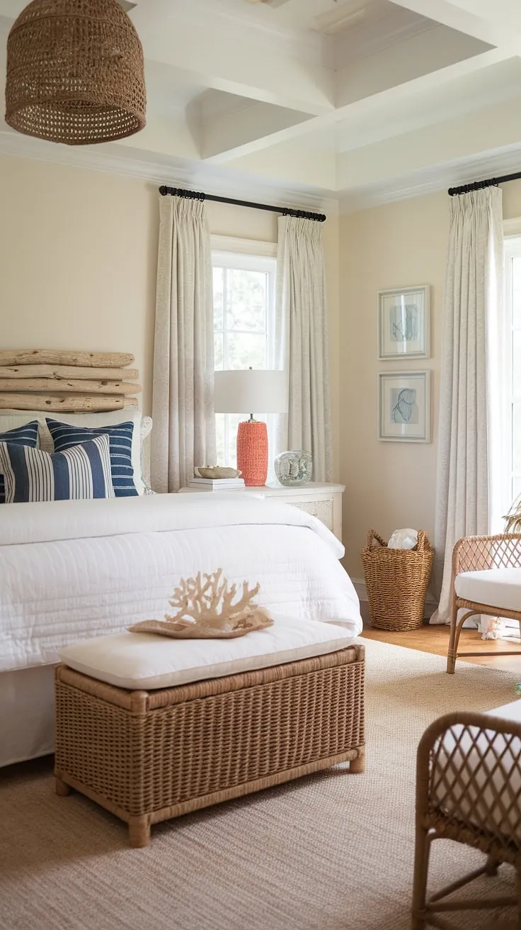 Imagine waking up in this dreamy beach theme bedroom.  The coastal interior design, featuring a white bed frame and wicker accents, creates a relaxed cottage coastal bedroom atmosphere.  This Hampton coastal style bedroom ideas showcase the perfect blend of comfort and coastal charm, making it ideal for spring summer bedroom decor.  Consider this inspiration for your own Ikea coastal bedroom or even lake house guest room ideas, embracing the coastal grandma decor trend.