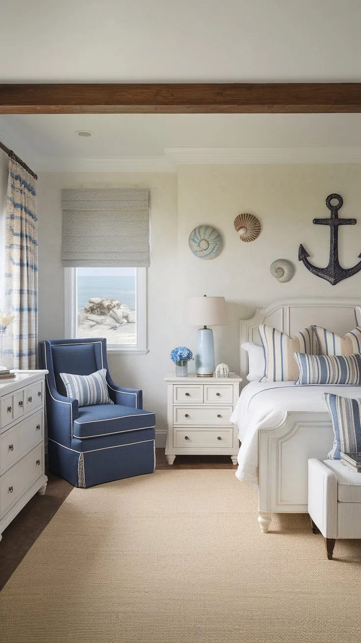 Wake up to the sound of waves in this dreamy coastal master bedroom.  The perfect blend of cottage coastal charm and Hampton style, this space effortlessly incorporates Ikea finds with coastal grandma decor for a relaxed, inviting atmosphere.  Ideal for spring and summer, it's equally suited as a beach theme bedroom or a lake house guest room, showcasing the best in coastal interior design bedroom ideas.