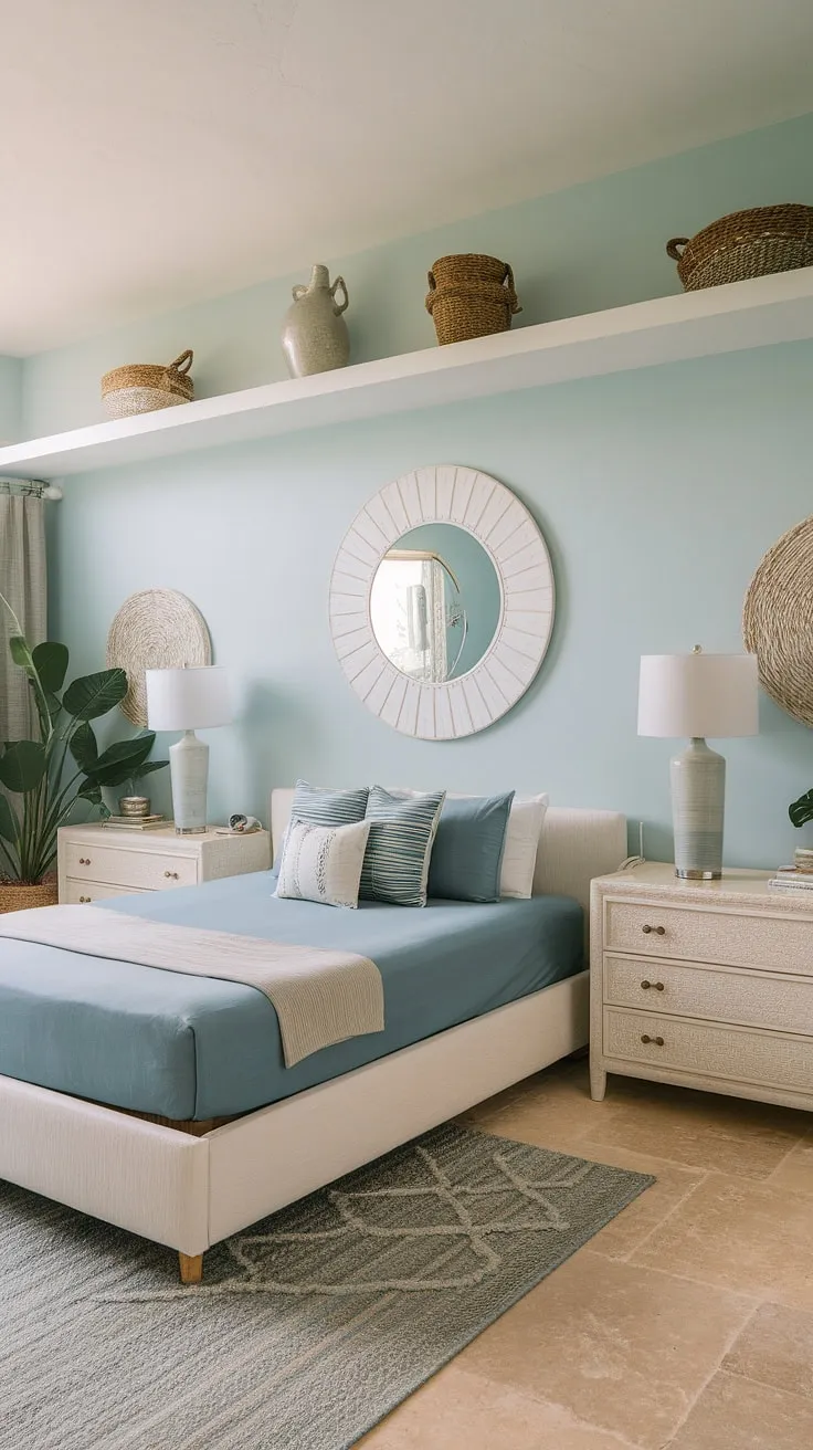 Wake up to the sound of waves in this dreamy coastal master bedroom.  The perfect blend of cottage coastal charm and Hampton style, this space effortlessly incorporates coastal grandma decor with Ikea finds for a relaxed, beach theme bedroom.  Ideal for spring and summer, it offers inspiration for lake house guest room ideas and showcases the best in coastal interior design bedroom styles.