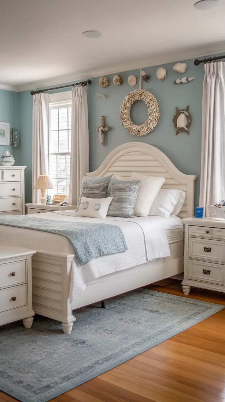 Drift away to the coast in this dreamy coastal interior design bedroom.  The queen-size bed, white dresser, and soft blue walls combine to create a beach theme bedroom that's both sophisticated and inviting.  This coastal master bedroom showcases the best of cottage coastal bedroom style, effortlessly blending coastal grandma decor with spring summer bedroom decor.  Consider this inspiration for your next lake house guest room ideas, or simply recreate the look in your own home with affordable Ikea coastal bedroom finds.
