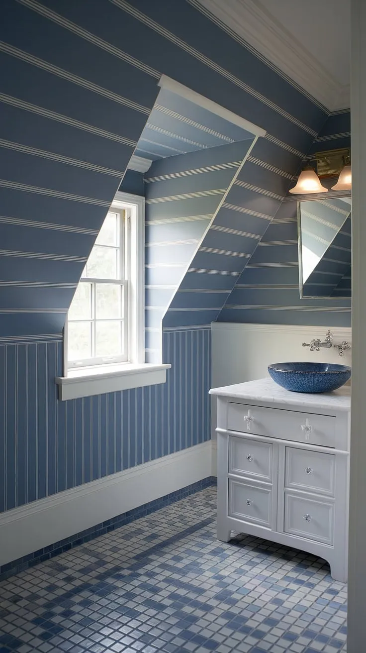 A dreamy coastal powder room with a slanted ceiling, showcasing a blue wallpaper bathroom design. The blue and white wallpaper bathroom is complemented by a blue tile bathroom floor and a white vanity, creating a sophisticated yet playful Serena and Lily bathroom vibe.