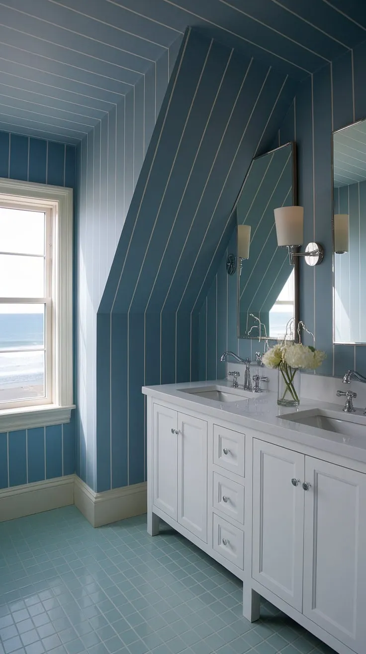 Ocean views and serene style collide in this coastal powder room.  The light blue bathroom wallpaper, a perfect blend of preppy and nautical, complements the blue tile bathroom floor and white Serena and Lily vanity. The slanted ceiling adds architectural interest to this charming powder room with slanted ceiling, creating a truly unforgettable blue and white wallpaper bathroom.
