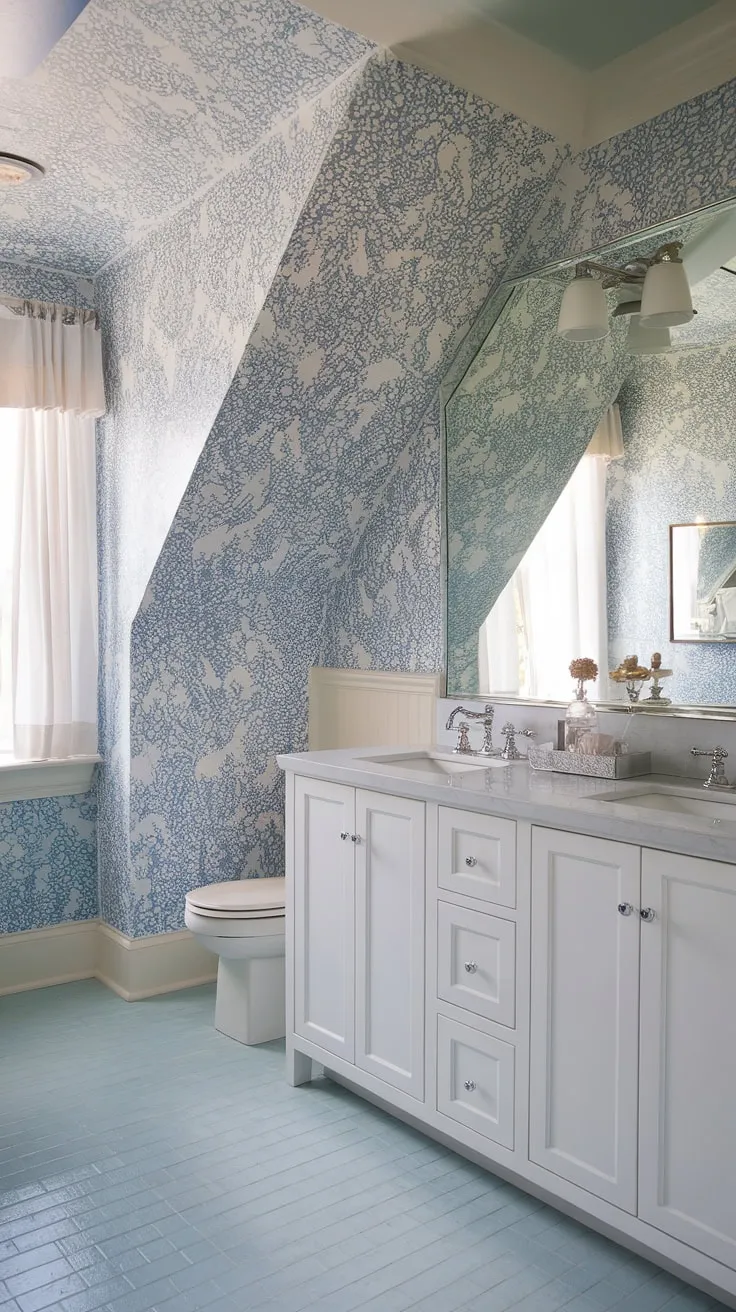 Coastal serenity meets preppy chic in this powder room.  The light blue bathroom wallpaper, reminiscent of a Serena and Lily design, perfectly complements the blue tile and slanted ceiling, creating a charming and unexpectedly spacious half bath.