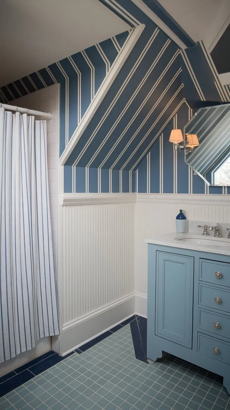 This preppy half bath boasts a stunning blue wallpaper bathroom, complete with blue tile and a unique slanted ceiling.  The light blue bathroom wallpaper evokes a calming coastal vibe, making this coastal powder room the perfect blend of elegance and effortless style, reminiscent of a Serena and Lily retreat.