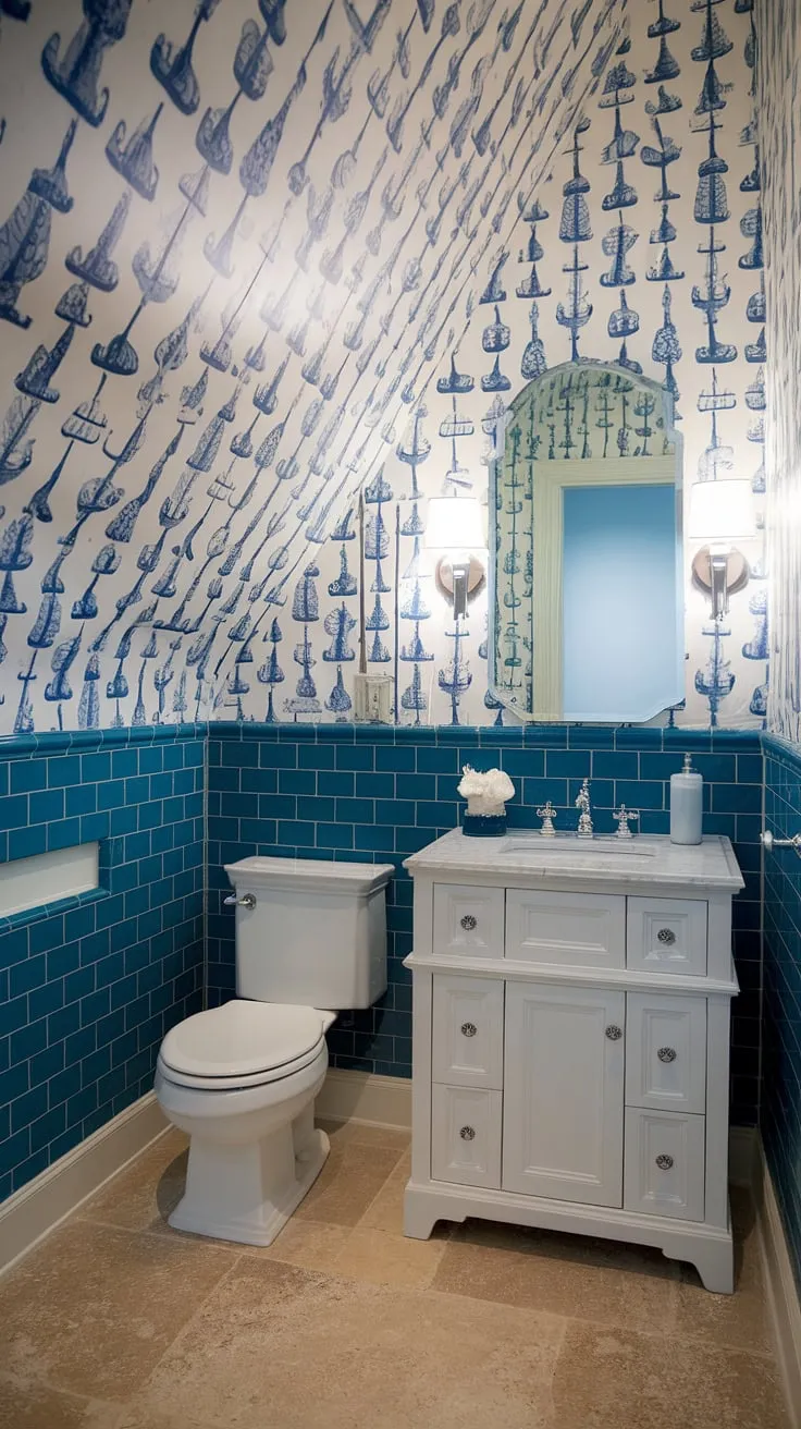 A charming powder room with slanted ceiling, this blue tile bathroom is pure coastal bliss.  The blue wallpaper bathroom, featuring a delightful nautical pattern, adds a touch of preppy elegance.  Think Serena and Lily bathroom meets seaside escape in this stunning blue and white wallpaper bathroom.