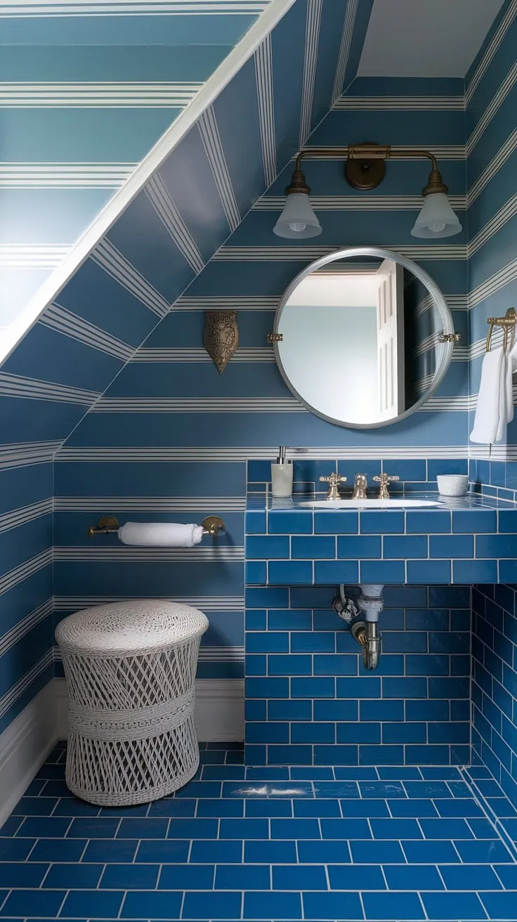 This preppy half bath boasts a stunning coastal powder room design.  The blue wallpaper bathroom, featuring a light blue bathroom wallpaper, is elevated by blue tile accents and the unique slanted ceiling.  Think Serena and Lily meets seaside chic.