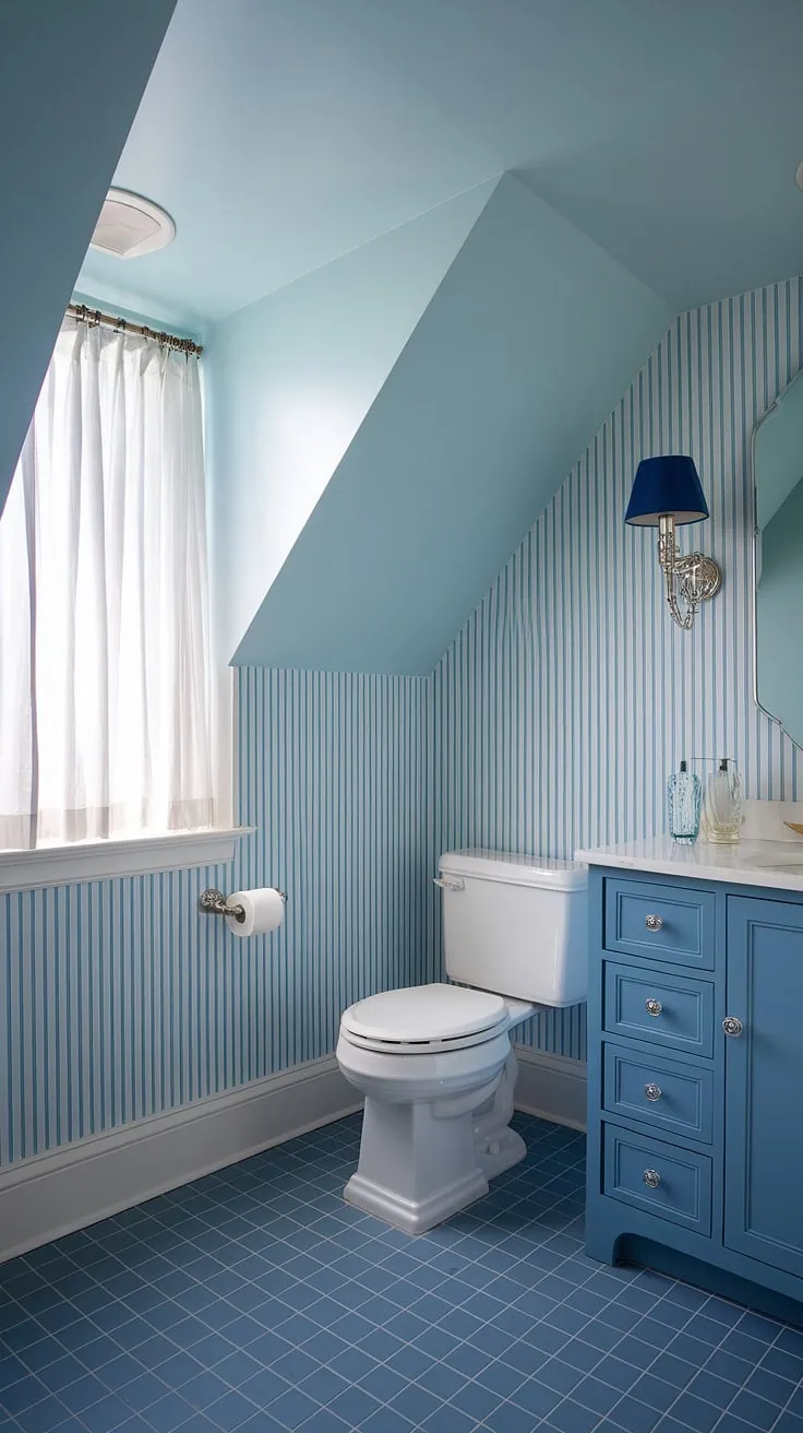 This preppy half bath boasts a stunning blue wallpaper bathroom, featuring a light blue bathroom wallpaper that evokes a calming coastal vibe. The slanted ceiling adds architectural interest to this charming powder room, while the blue tile elevates the Serena and Lily-inspired design.