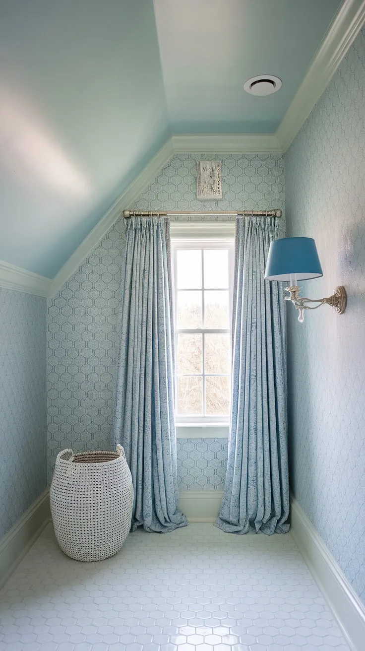 This preppy half bath boasts a stunning blue wallpaper bathroom, featuring a light blue bathroom wallpaper that evokes a breezy coastal feel.  The slanted ceiling adds architectural interest to this charming powder room, while the blue tile complements the Serena and Lily-inspired design.