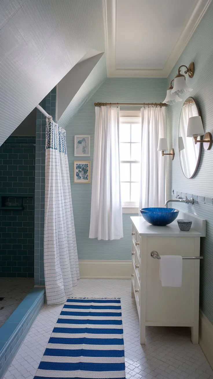 This preppy half bath boasts a stunning coastal powder room design.  The blue wallpaper bathroom, featuring light blue bathroom wallpaper and blue tile, is elevated by the unique slanted ceiling.  Think Serena and Lily meets seaside chic.
