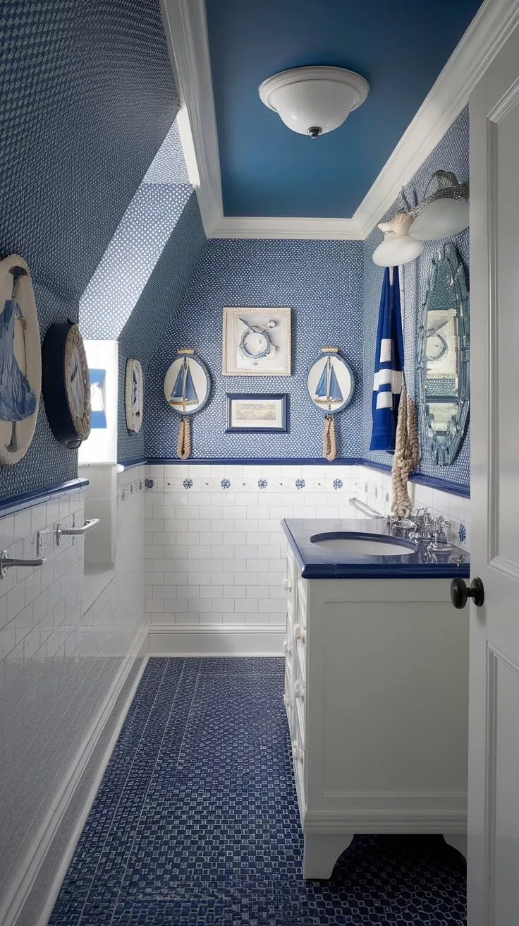 Coastal charm meets preppy style in this powder room. The light blue bathroom wallpaper, accented by blue tile and a slanted ceiling, creates a serene and sophisticated space reminiscent of a Serena and Lily design.  The blue and white wallpaper bathroom perfectly captures the breezy feel of a coastal escape.