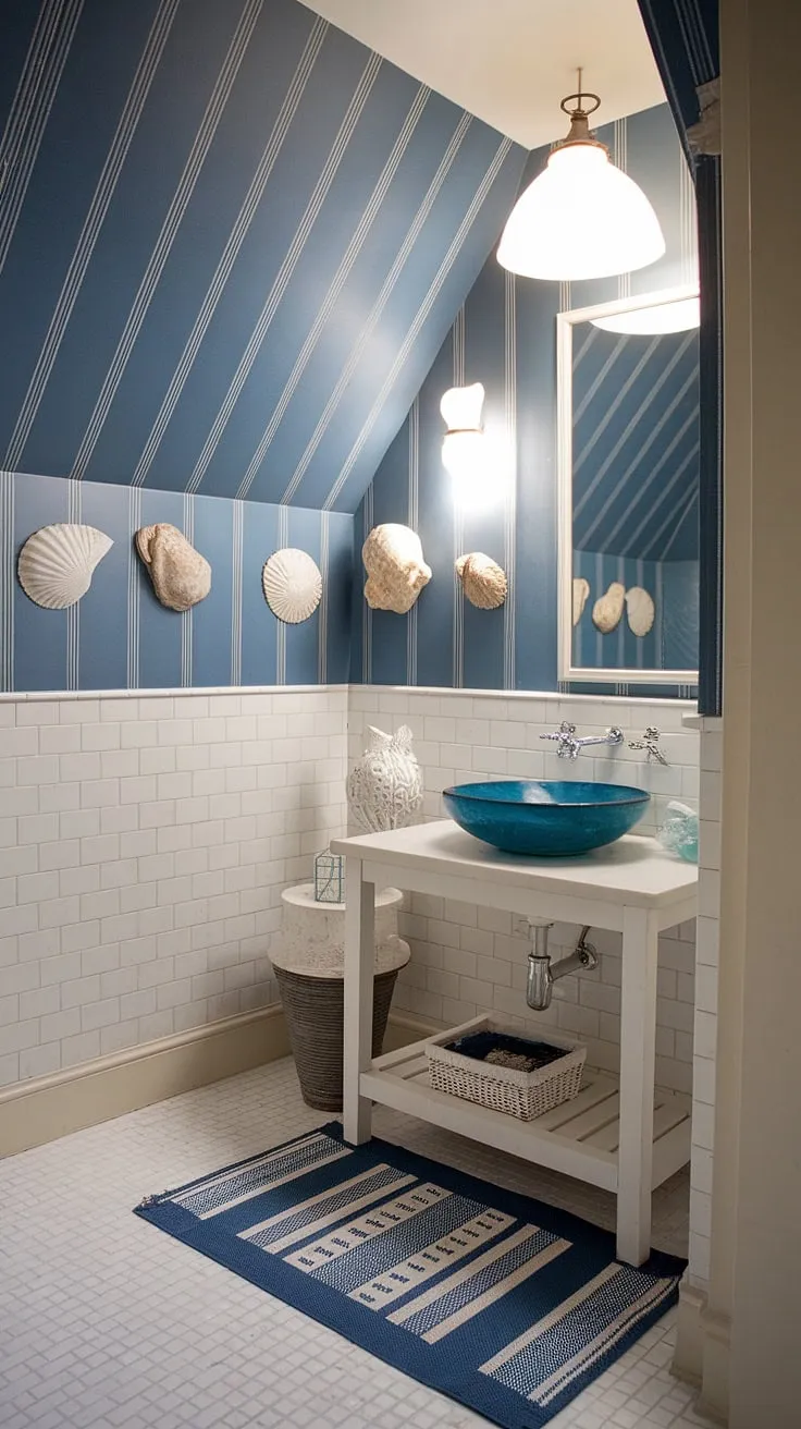 This preppy half bath boasts a stunning coastal powder room design.  The blue wallpaper bathroom, featuring a light blue bathroom wallpaper, is elevated by blue tile accents and the unique slanted ceiling.  Think Serena and Lily meets seaside chic.