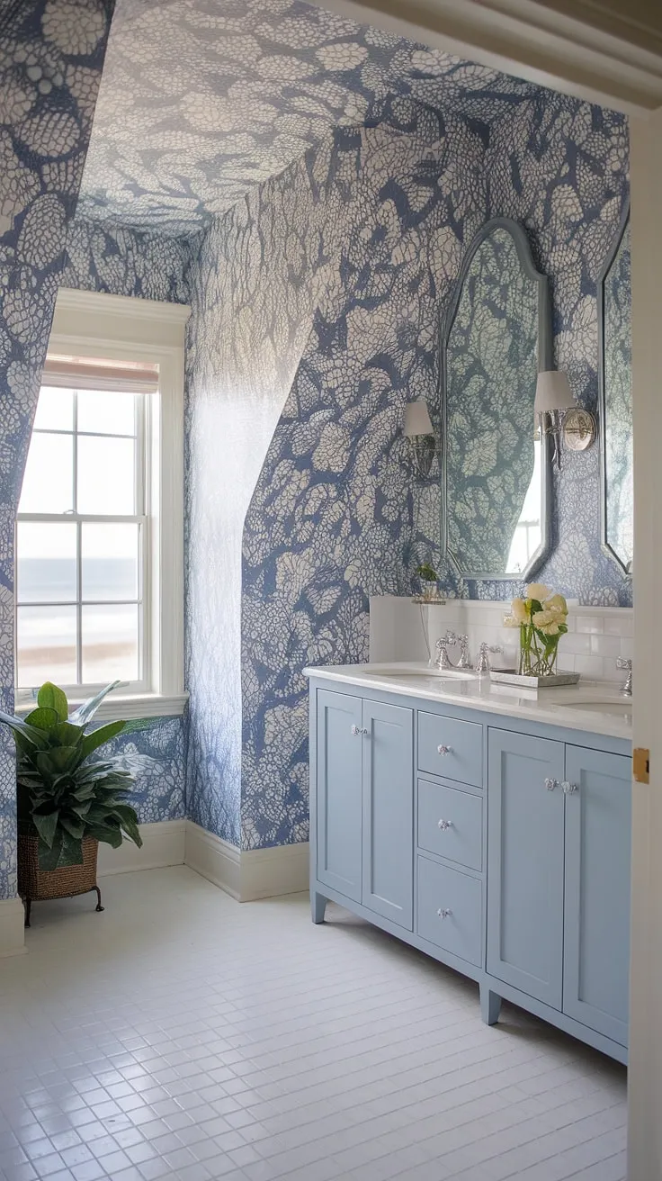 Coastal charm meets preppy sophistication in this powder room.  The light blue bathroom wallpaper, reminiscent of a Serena and Lily design, perfectly complements the blue tile and slanted ceiling, creating a serene and stylish half bath.