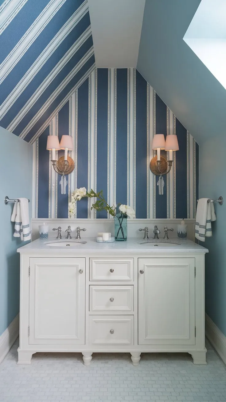 A touch of coastal charm meets preppy elegance in this powder room with slanted ceiling. The blue wallpaper bathroom, boasting a light blue bathroom wallpaper and blue tile bathroom floor, perfectly complements the white vanity. This Serena &#038; Lily bathroom is the definition of a sophisticated yet relaxed preppy half bath.