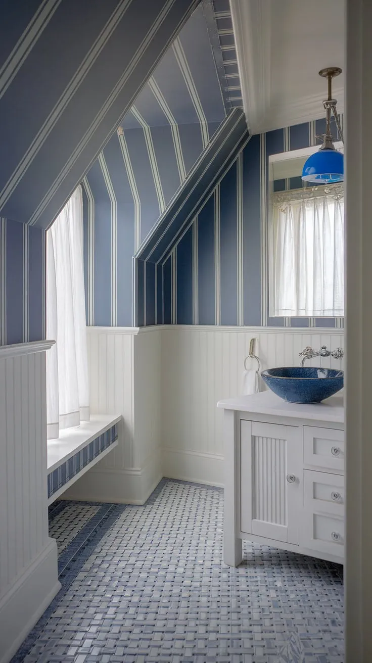 Coastal charm meets preppy style in this powder room. The light blue bathroom wallpaper, accented by blue tile and a slanted ceiling, creates a serene and sophisticated space reminiscent of a Serena and Lily design.  The blue and white wallpaper bathroom perfectly captures the airy feel of a seaside escape.