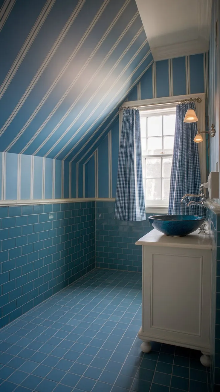Coastal charm meets preppy sophistication in this powder room. The light blue bathroom wallpaper, accented by blue tile and a slanted ceiling, creates a serene and stylish space reminiscent of a Serena and Lily design.  The blue and white wallpaper bathroom perfectly complements the coastal powder room aesthetic.