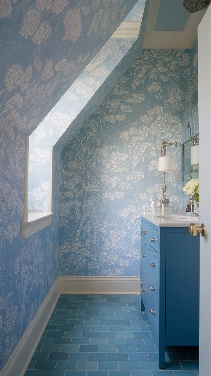 Coastal charm meets preppy sophistication in this powder room.  The light blue bathroom wallpaper, reminiscent of a Serena &#038; Lily design, perfectly complements the blue tile and slanted ceiling, creating a serene and stylish half bath.