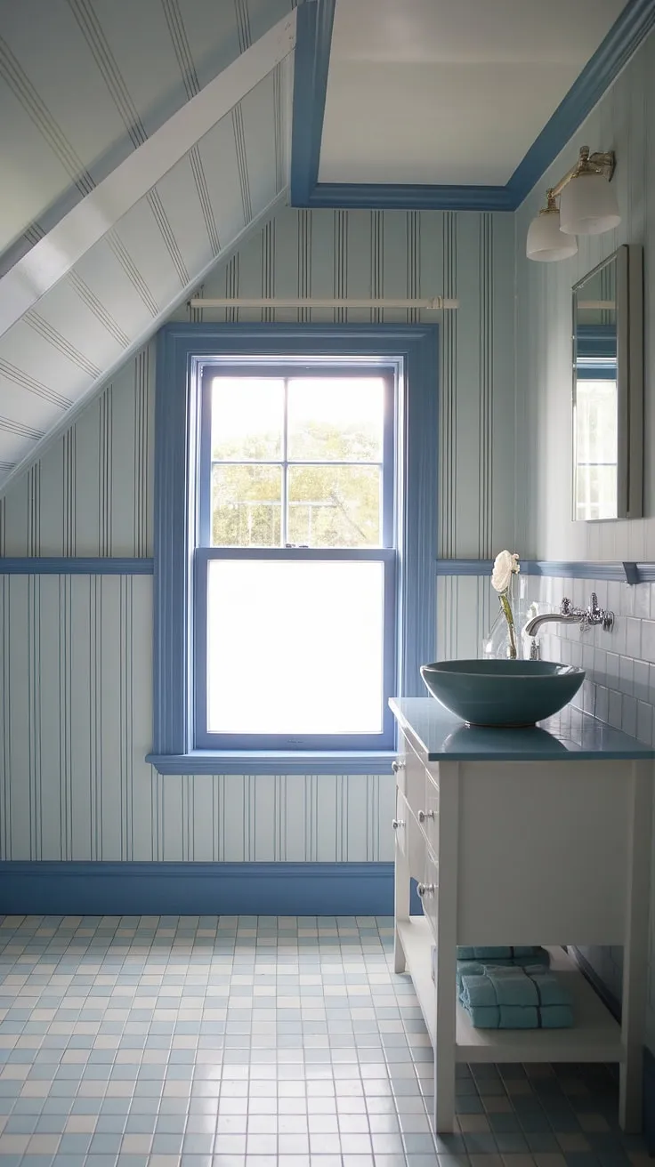 A touch of coastal charm meets preppy elegance in this blue wallpaper bathroom.  The powder room with slanted ceiling is beautifully appointed with a blue and white wallpaper bathroom design, blue tile bathroom floor, and a white vanity, all echoing the signature Serena &#038; Lily aesthetic.  This light blue bathroom wallpaper truly makes this preppy half bath a standout.