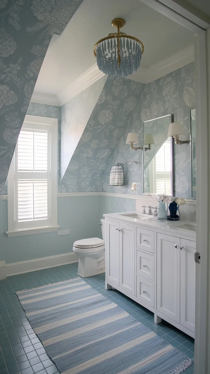 Coastal charm meets preppy style in this powder room.  The light blue bathroom wallpaper, accented by blue tile and a slanted ceiling, creates a serene and sophisticated space reminiscent of a Serena and Lily design.  The blue and white wallpaper bathroom perfectly complements the coastal powder room aesthetic.