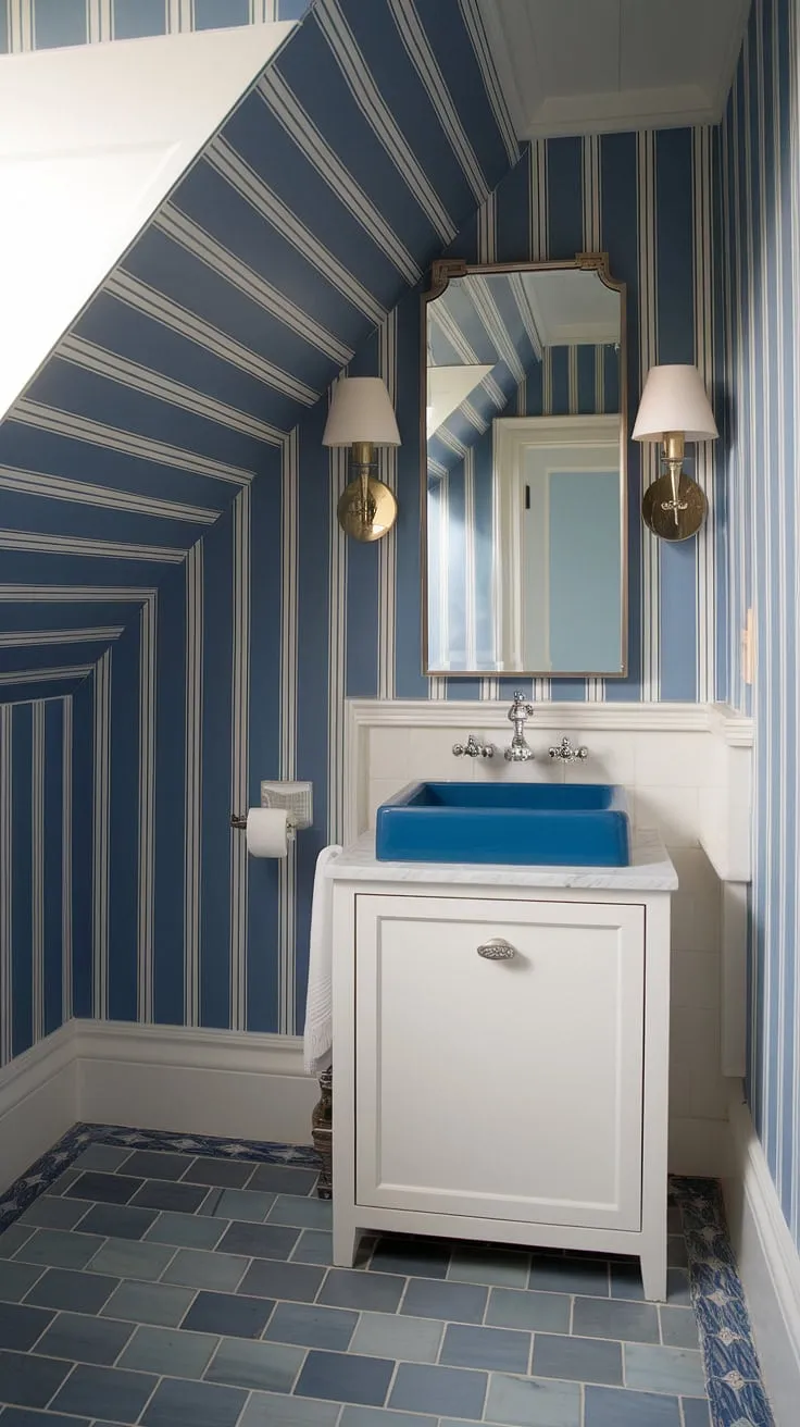 Coastal charm meets preppy style in this powder room. The light blue bathroom wallpaper, accented by blue tile and a slanted ceiling, creates a serene and sophisticated space reminiscent of a Serena and Lily design.  The blue and white wallpaper bathroom perfectly complements the coastal powder room aesthetic.