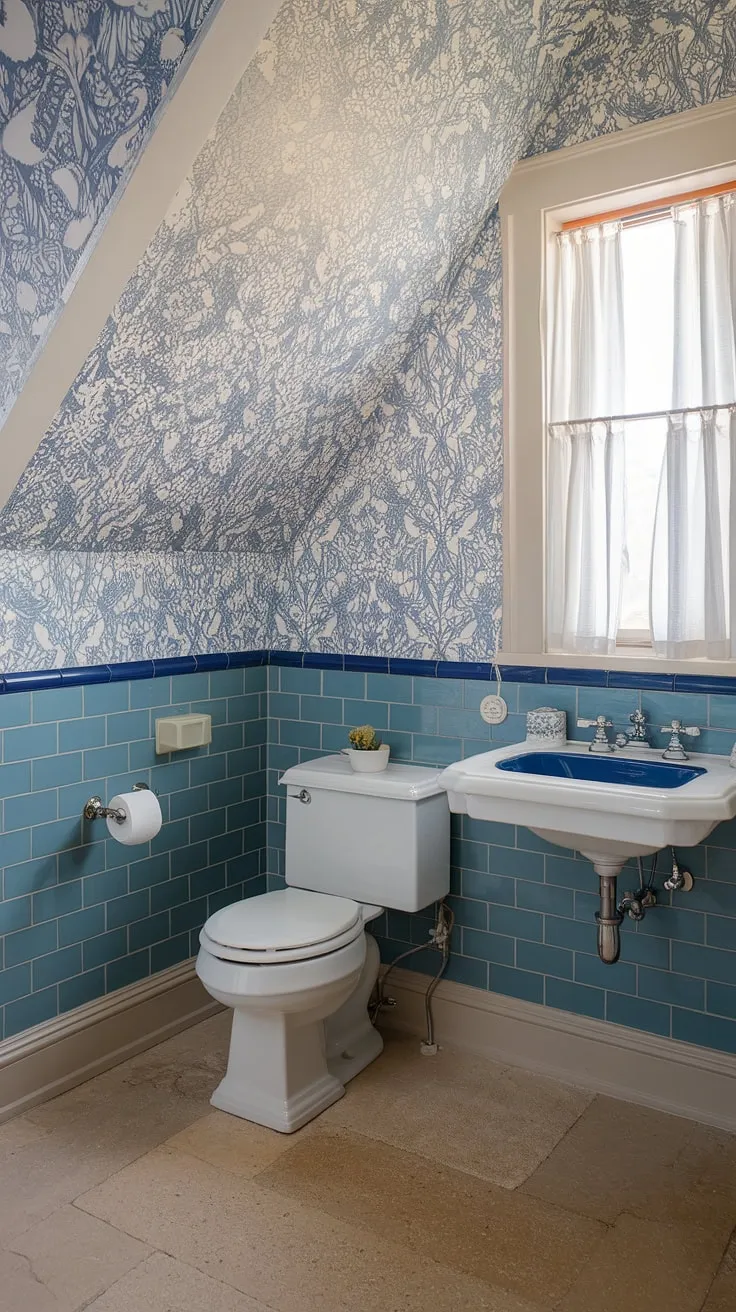 Coastal charm meets preppy sophistication in this powder room.  The light blue bathroom wallpaper, reminiscent of a Serena and Lily design, perfectly complements the blue tile and slanted ceiling, creating a serene and stylish half bath.