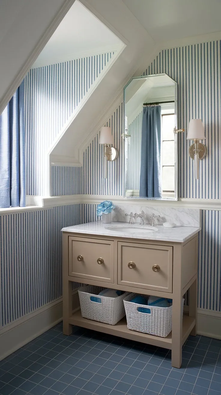 Coastal charm meets preppy style in this powder room. The light blue bathroom wallpaper, accented by blue tile and a slanted ceiling, creates a serene and sophisticated space reminiscent of a Serena and Lily design.  The blue and white wallpaper bathroom perfectly complements the coastal powder room aesthetic.