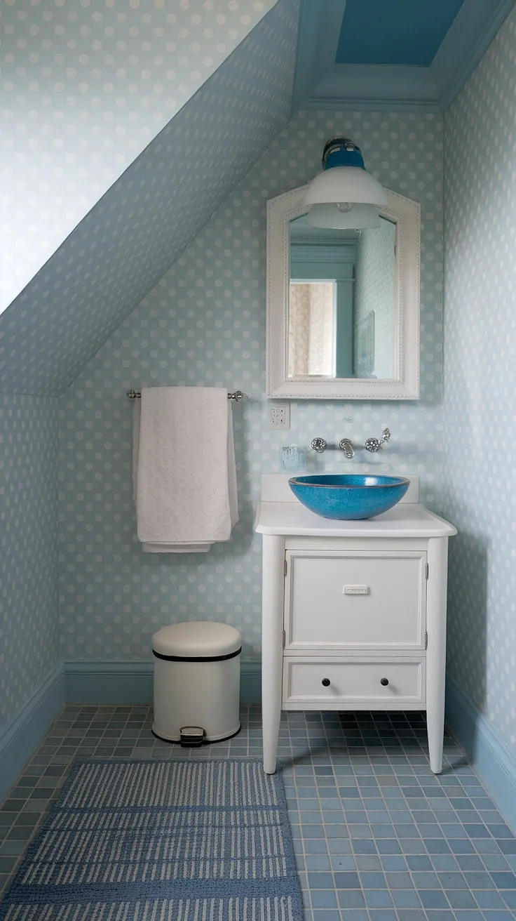 Coastal charm meets preppy sophistication in this powder room.  The light blue bathroom wallpaper, accented by blue tile and a slanted ceiling, creates a serene and stylish space reminiscent of a Serena and Lily design.  The blue and white wallpaper bathroom perfectly captures the airy feel of a coastal escape.