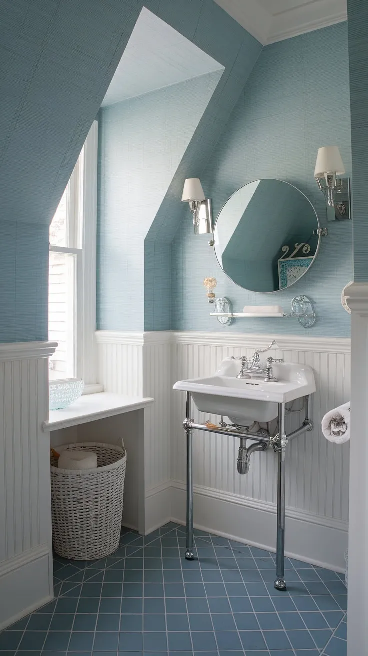 This preppy half bath boasts a stunning transformation with its blue wallpaper bathroom and blue tile accents. The slanted ceiling adds architectural interest to this coastal powder room, while the light blue bathroom wallpaper evokes a sense of calm and effortless elegance, reminiscent of a Serena and Lily sanctuary.