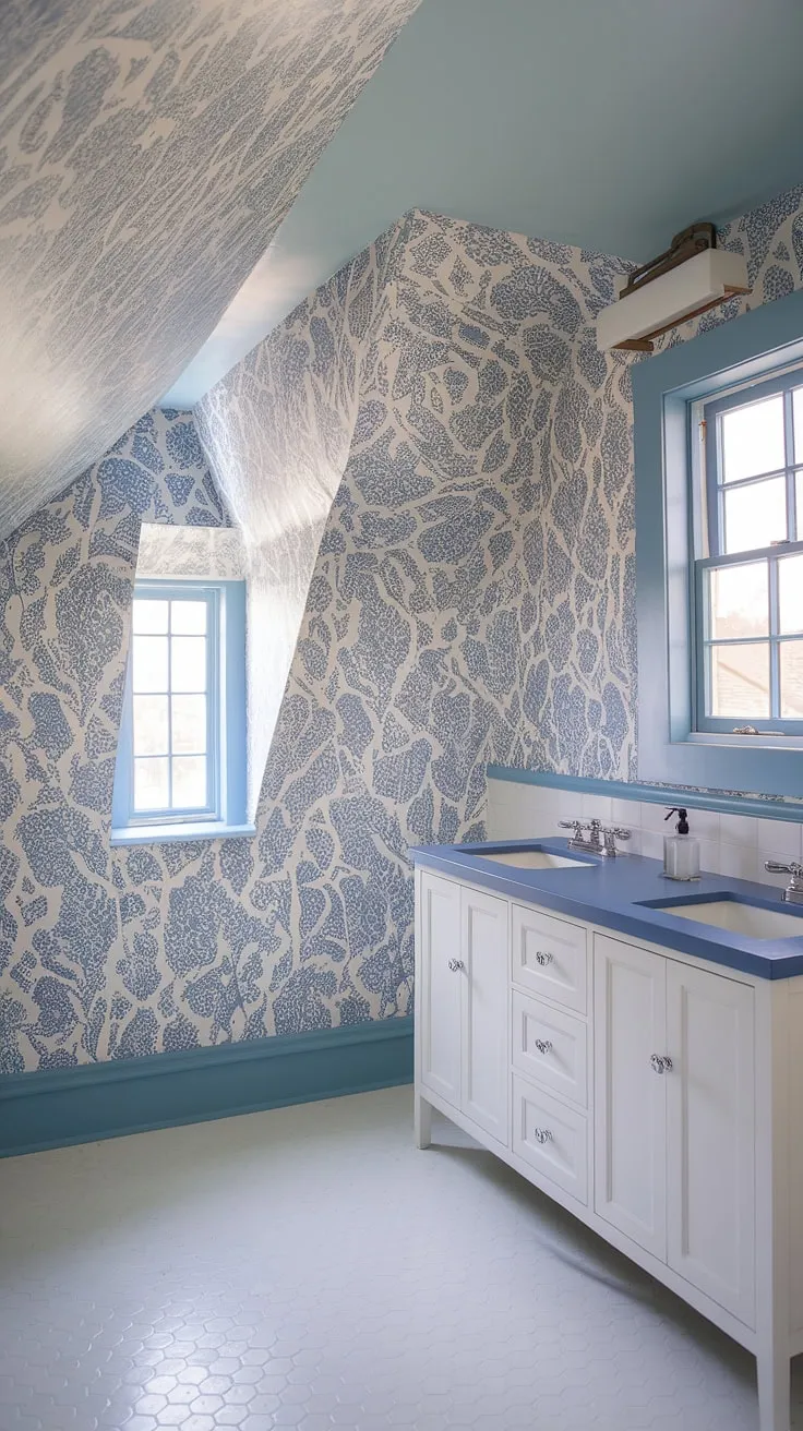 Coastal charm meets preppy style in this powder room.  The light blue bathroom wallpaper, accented by blue tile and a slanted ceiling, creates a serene and stylish space reminiscent of a Serena and Lily design.  The blue and white wallpaper bathroom perfectly captures a relaxed coastal vibe.