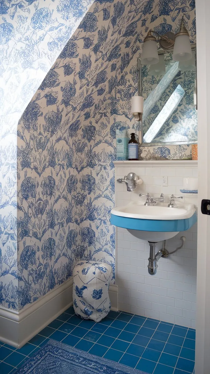 This preppy half bath boasts a stunning blue wallpaper bathroom, complete with blue tile and a charming slanted ceiling.  The light blue bathroom wallpaper evokes a relaxed coastal vibe, reminiscent of a Serena and Lily escape.  A truly delightful coastal powder room.