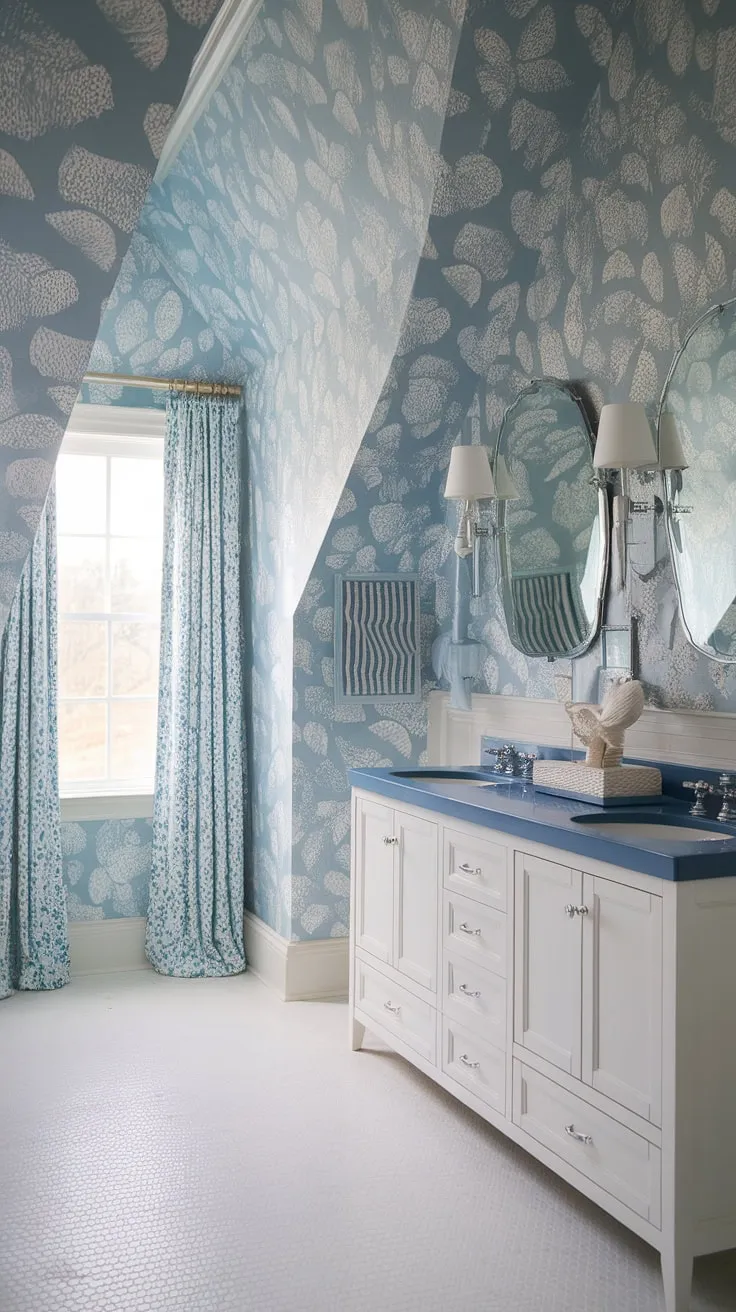 A serene coastal powder room with a slanted ceiling, featuring a blue wallpaper bathroom design.  The light blue bathroom wallpaper, accented by seashells and blue tile bathroom elements, creates a sophisticated yet playful space. This powder room with slanted ceiling is the epitome of preppy coastal style.