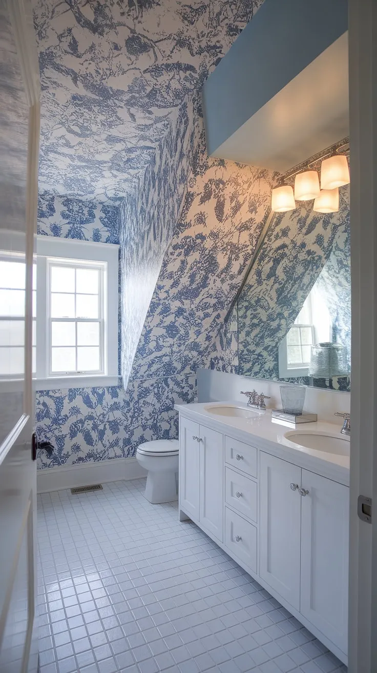 Coastal charm meets preppy sophistication in this powder room.  The light blue bathroom wallpaper, reminiscent of a Serena and Lily design, perfectly complements the blue tile and slanted ceiling, creating a serene and stylish half bath.