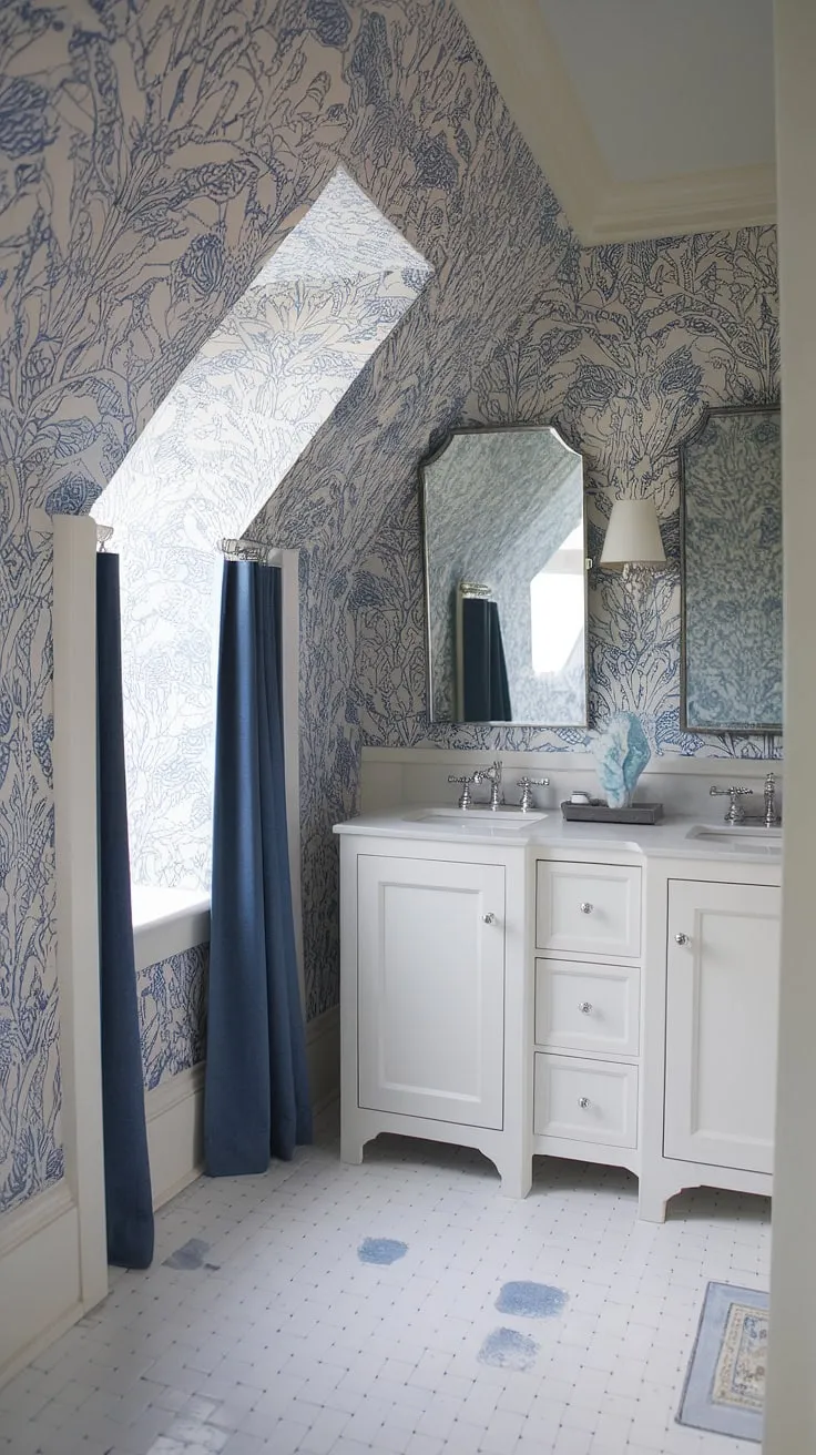 Coastal charm meets preppy sophistication in this powder room.  The light blue bathroom wallpaper, reminiscent of a Serena and Lily design, perfectly complements the blue tile and slanted ceiling, creating a serene and stylish half bath.